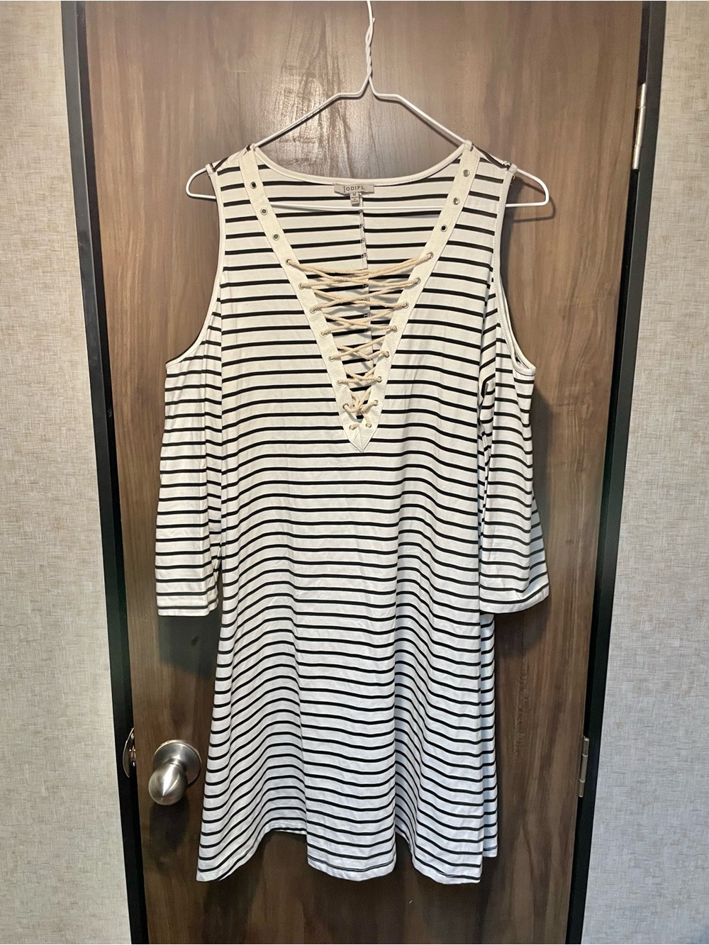 Jodifl White & Black Stripe Cold Shoulder Dress